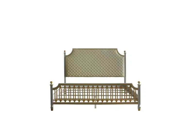 Florence California King Bed, Beige Faux Leather & Pearl Gray Finish