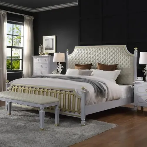 Florence California King Bed, Beige Faux Leather & Pearl Gray Finish