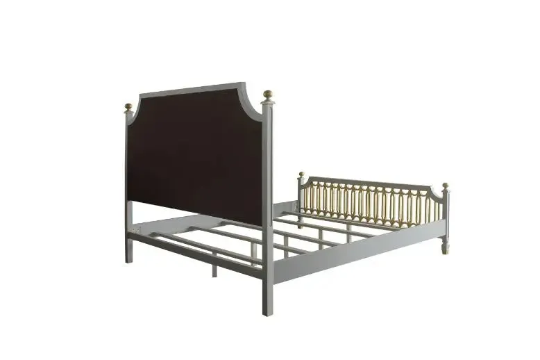 Florence California King Bed, Beige Faux Leather & Pearl Gray Finish