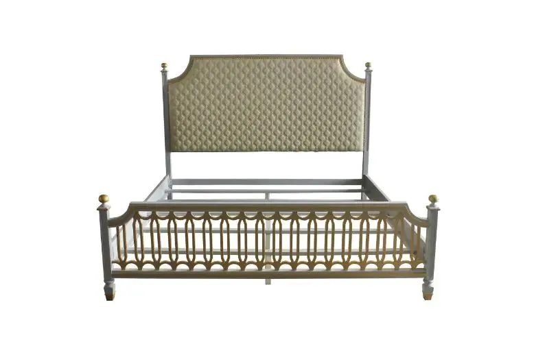 Florence California King Bed, Beige Faux Leather & Pearl Gray Finish