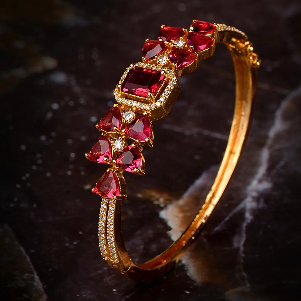 Gold Plated With Ruby American Diamond Studded Handcrafted Designer Bracelet For Women And Girls - Saraf Rs Jewellery