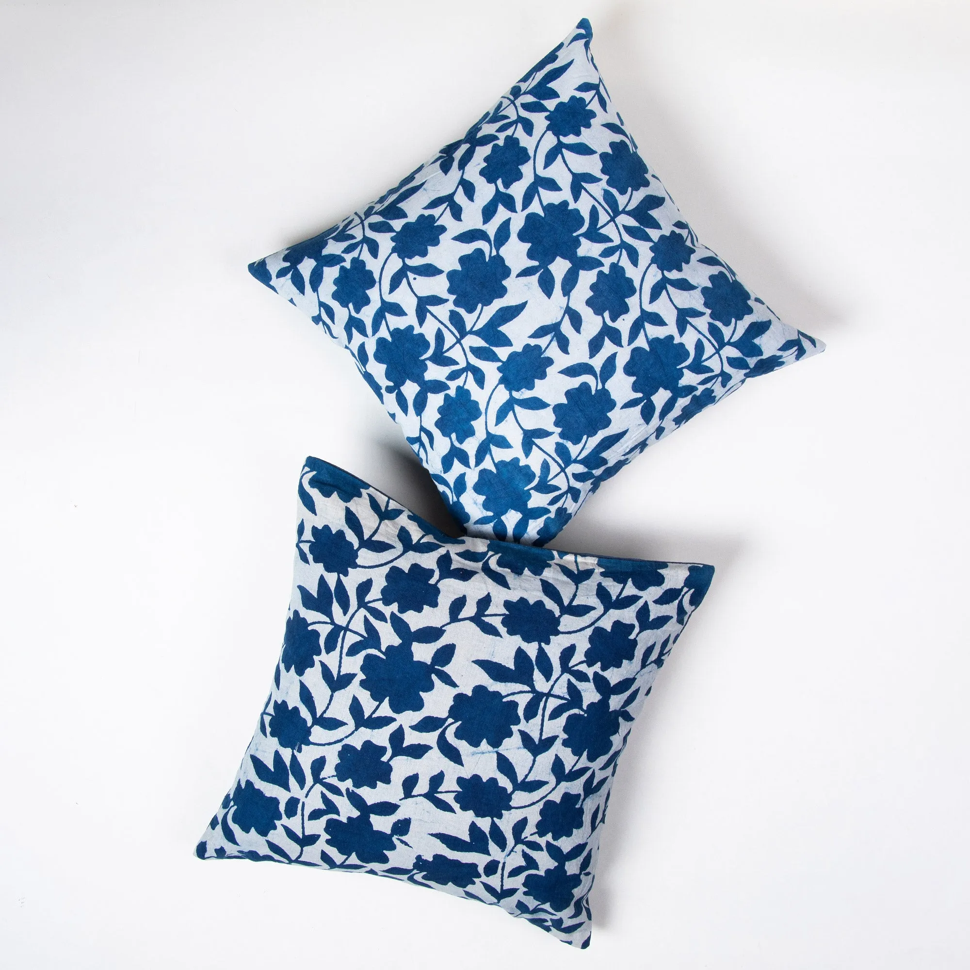 Hand Block Blue Floral Printed Cotton Cushion Cover