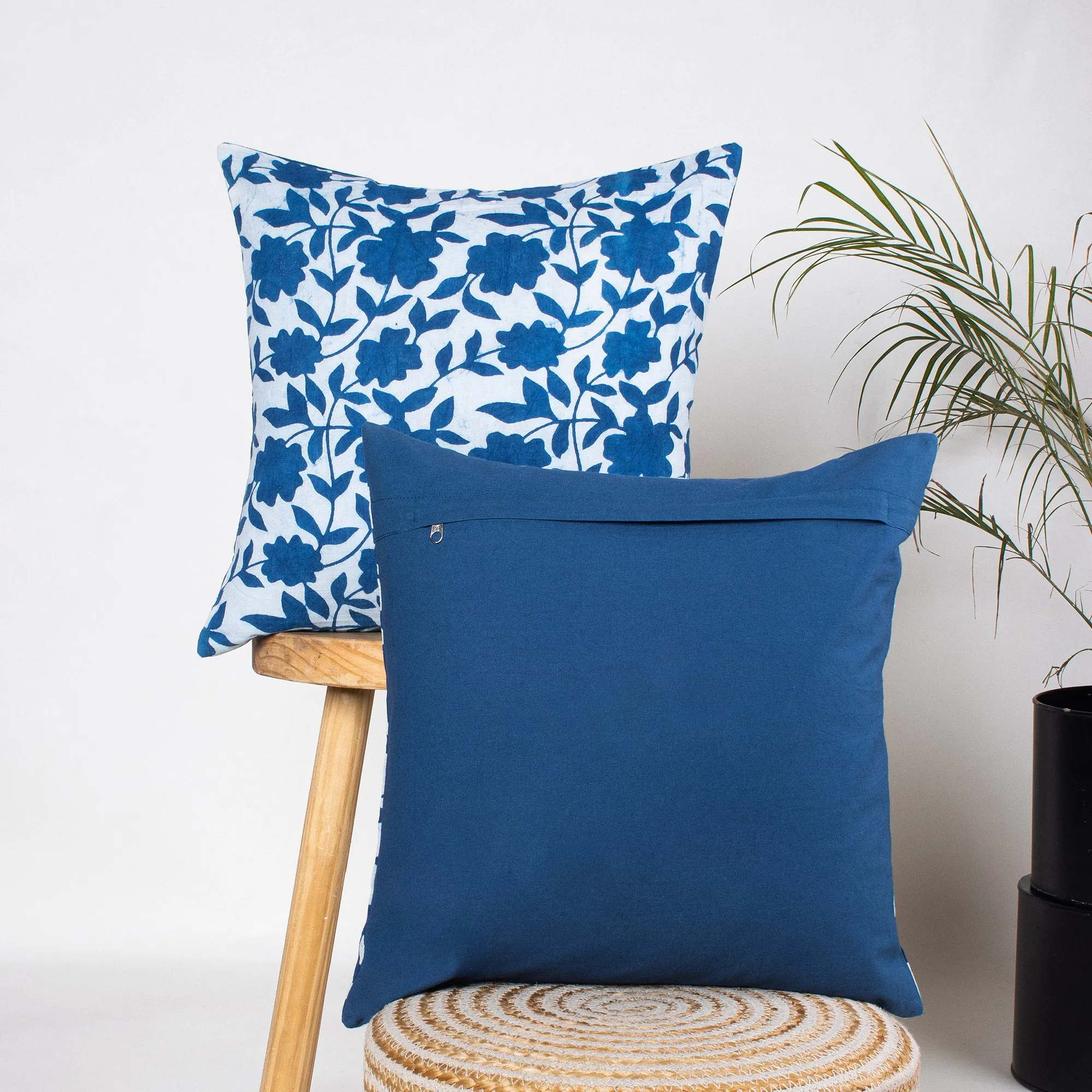 Hand Block Blue Floral Printed Cotton Cushion Cover