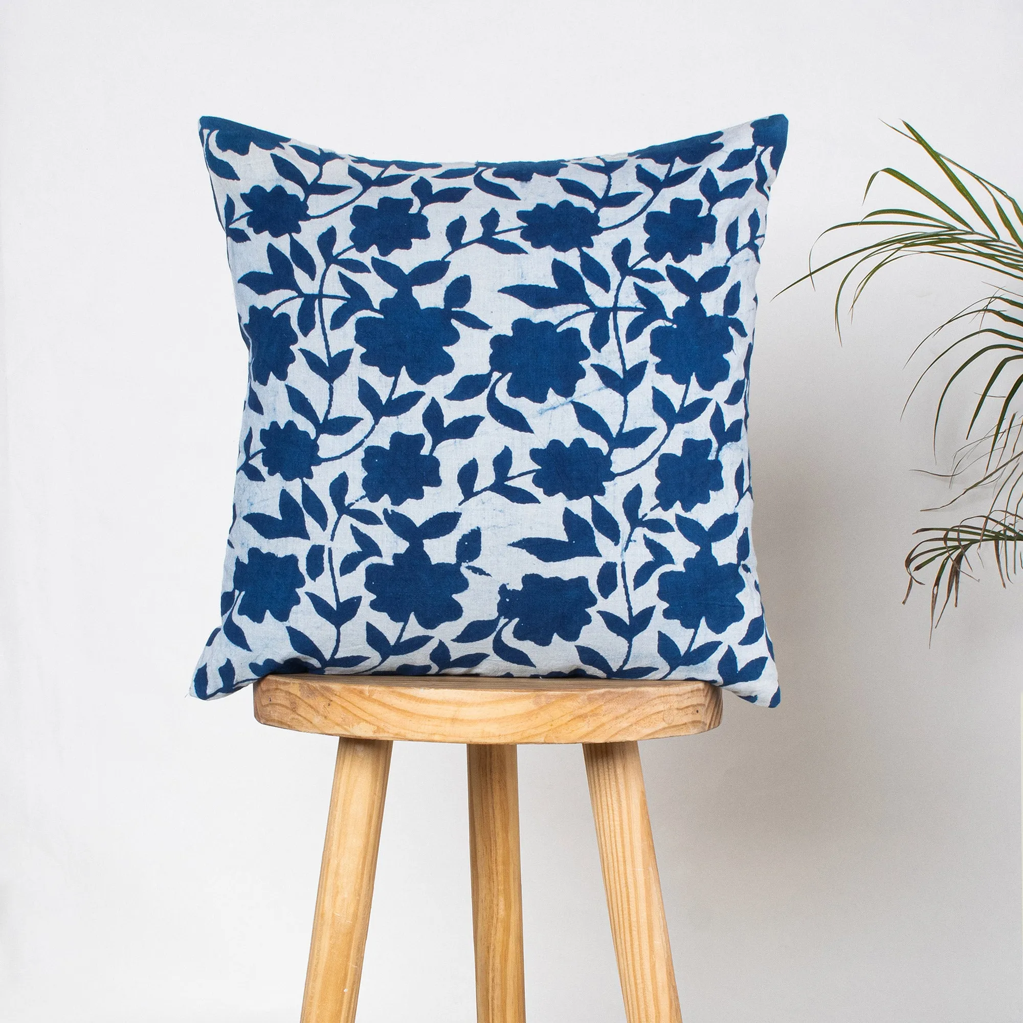 Hand Block Blue Floral Printed Cotton Cushion Cover