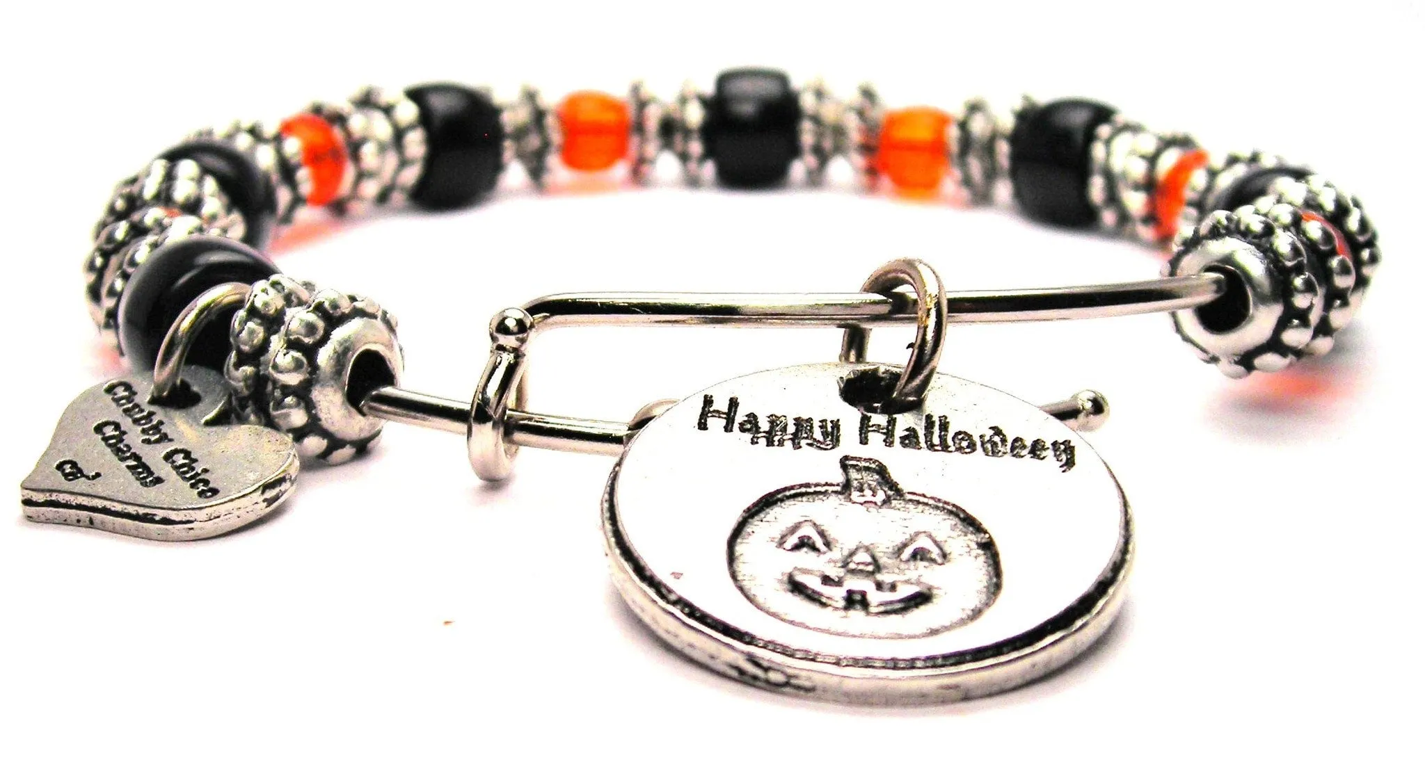 Happy Halloween With Pumpkin Black And Pumpkin Orange 9mm Glass Beaded Single Bracelet