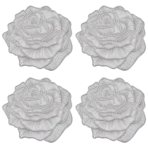 Heart Home Rose Design Soft Leather Table Mats, Dining Table Mats, Set of 4 (Silver)-50HH01297