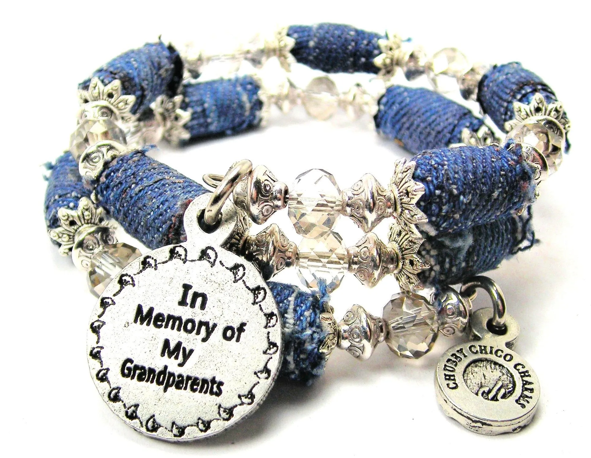 In Memory Of My Grandparents Blue Jean Beaded Wrap Bracelet