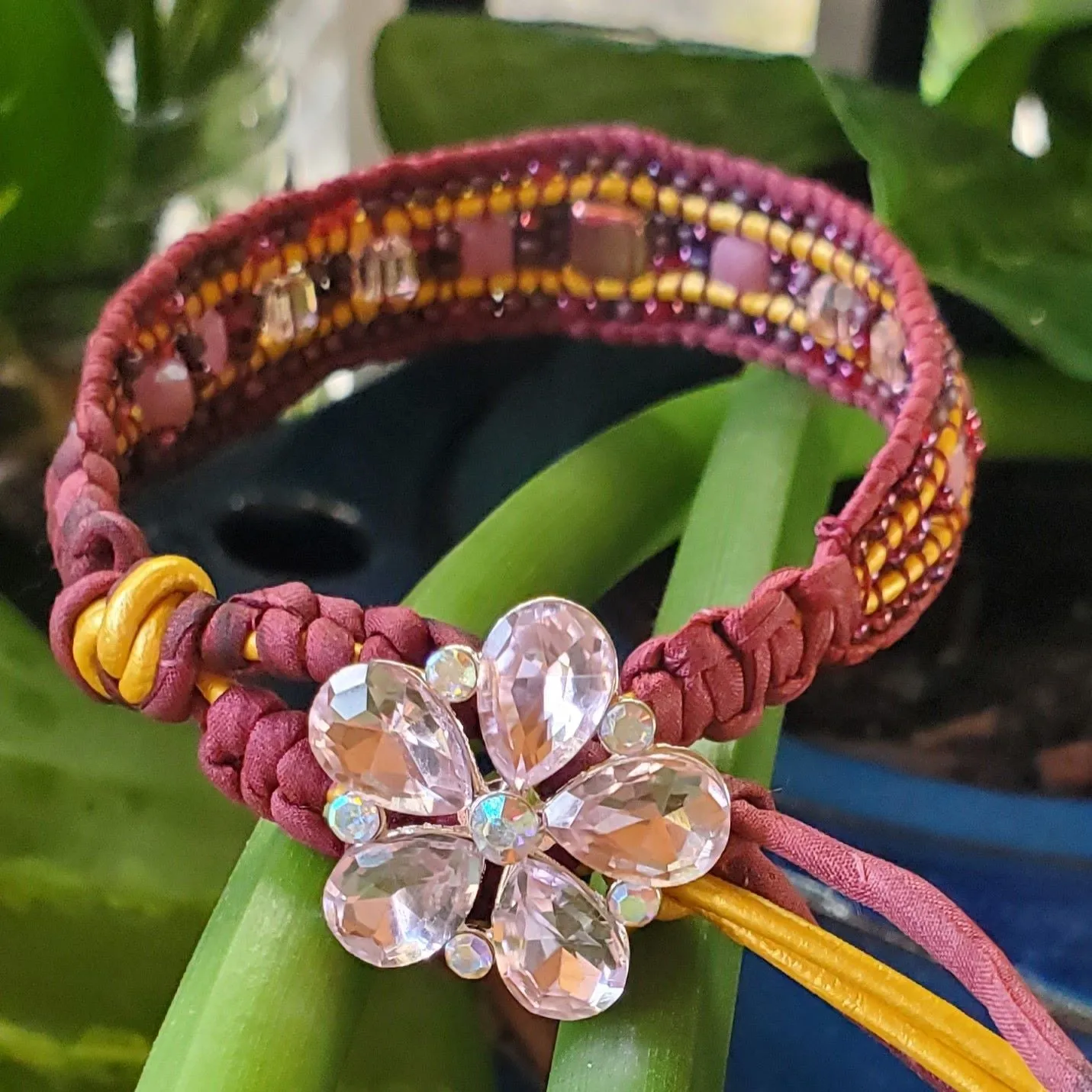 Intricate Silk and Leather Bead Woven Crystal Glam Gemstone Bracelets