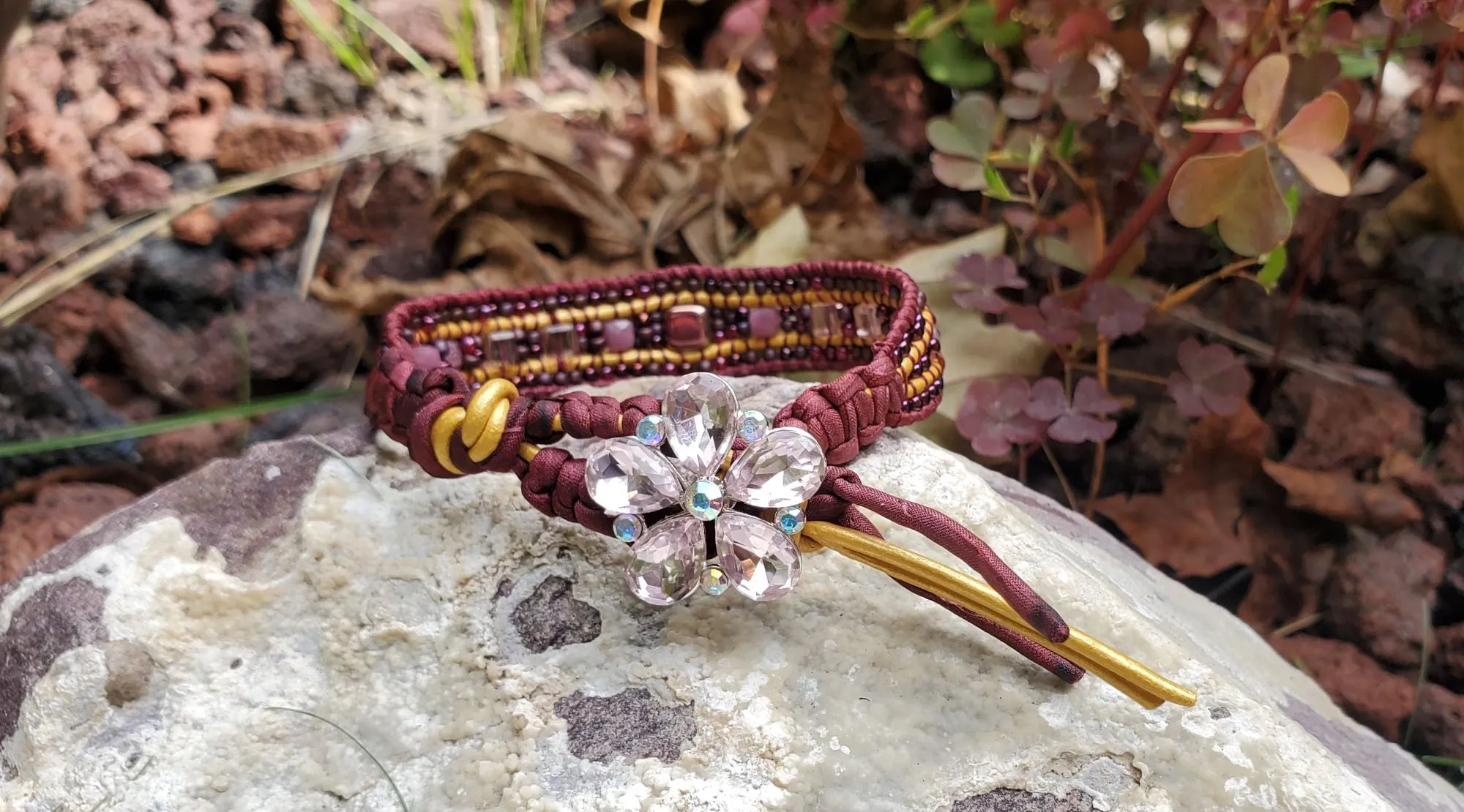 Intricate Silk and Leather Bead Woven Crystal Glam Gemstone Bracelets