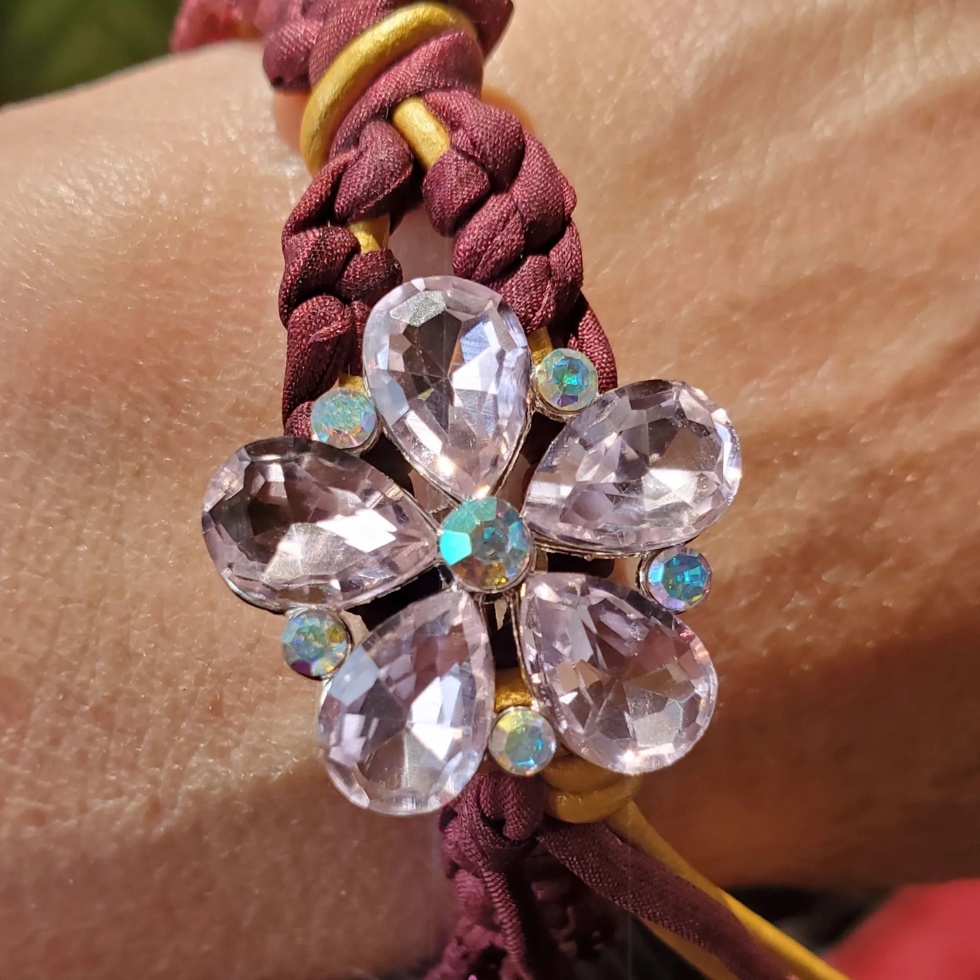 Intricate Silk and Leather Bead Woven Crystal Glam Gemstone Bracelets