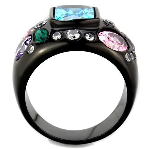 IP Black(Ion Plating) Stainless Steel Ring with AAA Grade CZ in Sea Blue for Women Style TK1790