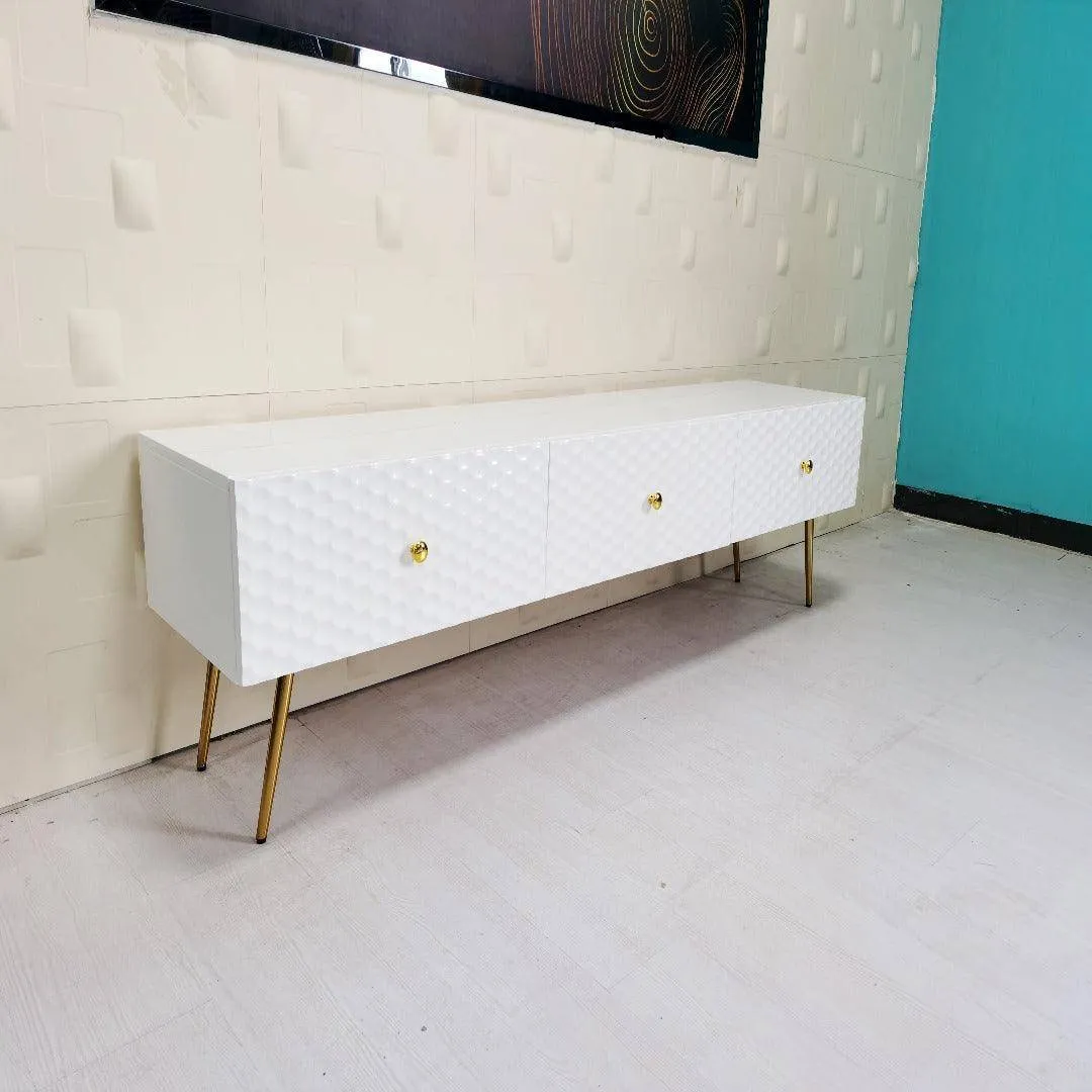 Ivory High Gloss TV Stand with Gold Accents, Elegant Media Console for Entertainment