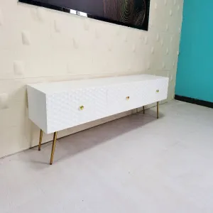 Ivory High Gloss TV Stand with Gold Accents, Elegant Media Console for Entertainment