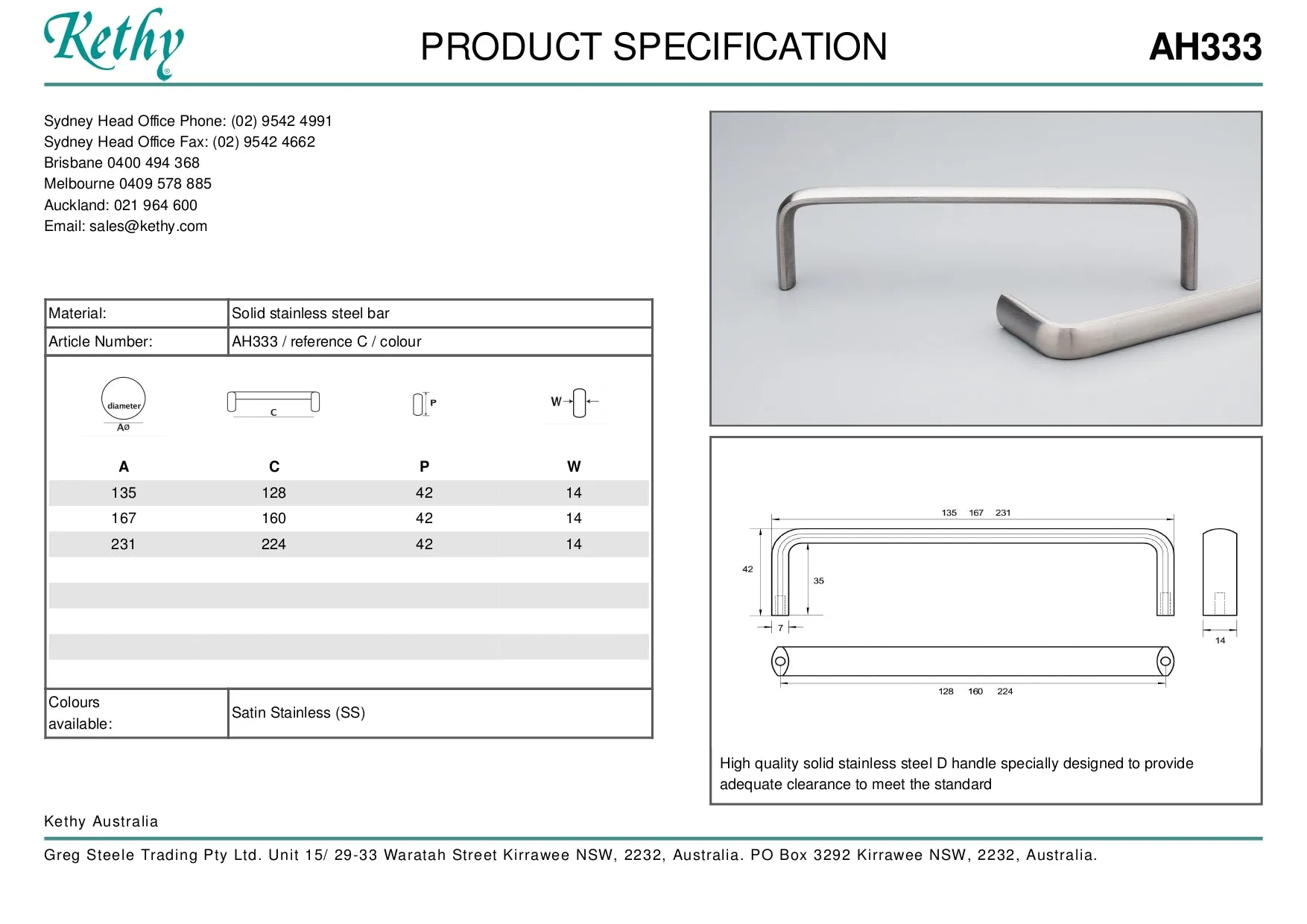 KETHY AH333 CABINET COBAR 14MM BRUSHED STAINLESS STEEL HANDLE