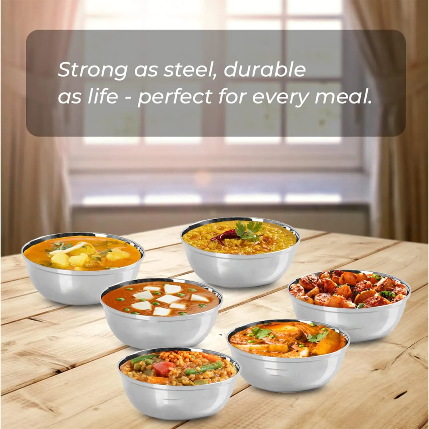 Kuber Industries Stainless Steel Bowl Kitchen Set | Durable & Wobble Free Base | Rust Proof, Easy to Clean & Store | Essential Indian Dinnerware & Crockery | Steel Bowl Set of 6