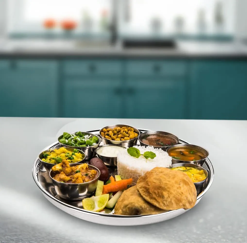 Kuber Industries Stainless Steel Dinner Plates Set of 6 | 29 cm Dia I Heavy Gauge & Deep Base | Mirror Finish | Multi-Purpose Steel Thali Set of 6 | Durable and Elegant Dinnerware Set