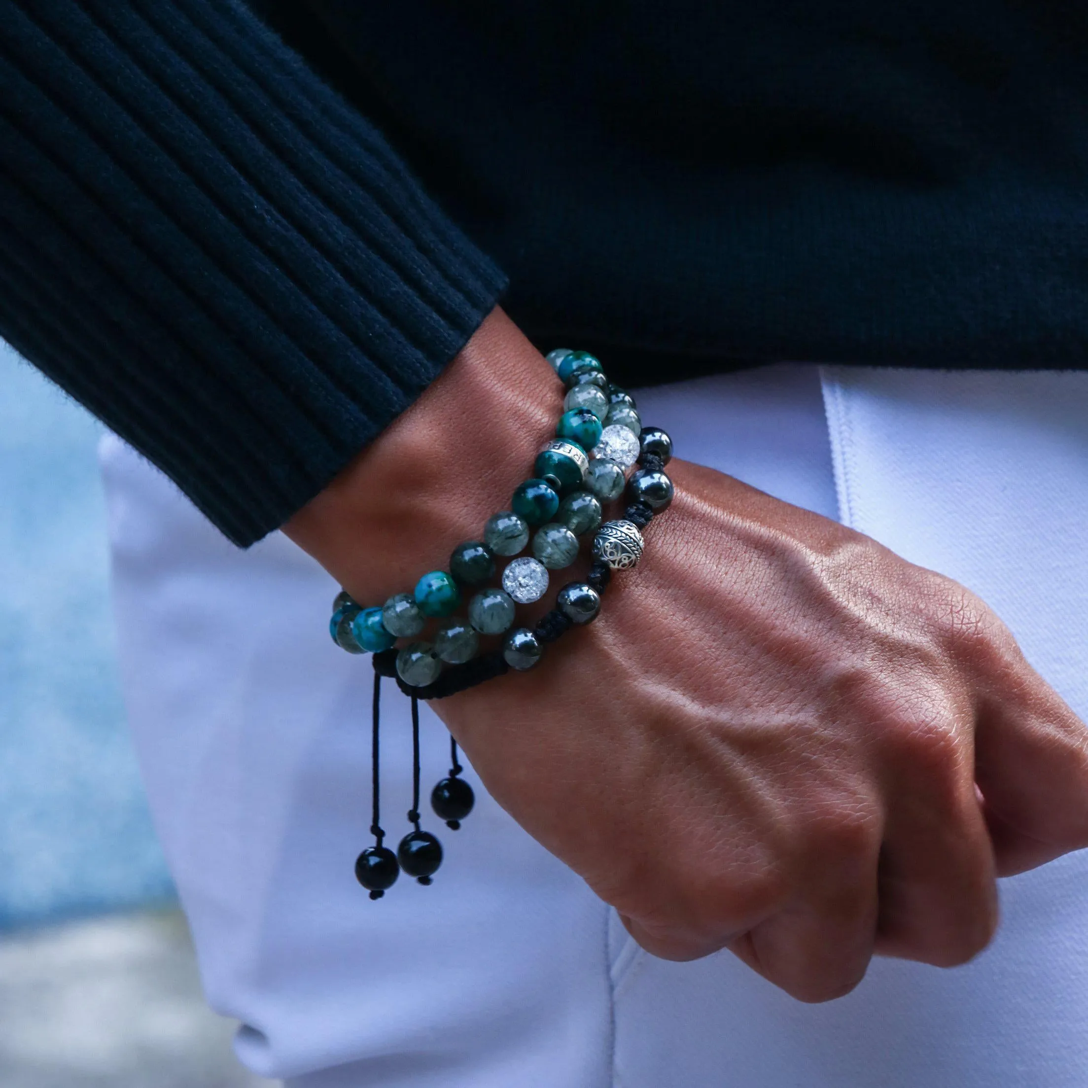 [Limited] The Compass | Men Knot Bracelets with Hematite Obsidian Green Rutilated Quartz Stone