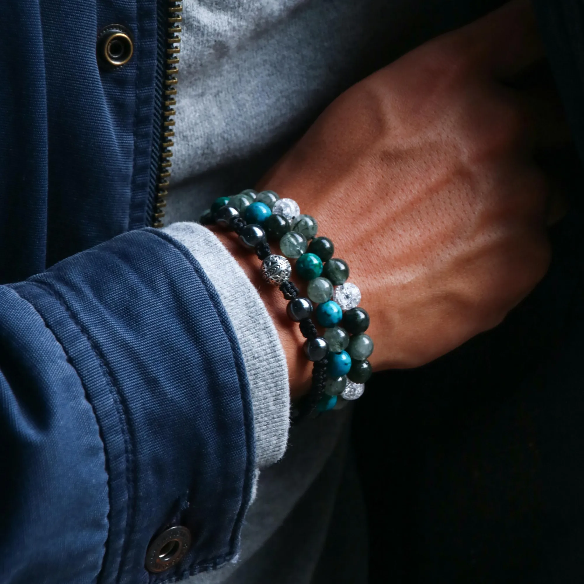 [Limited] The Compass | Men Knot Bracelets with Hematite Obsidian Green Rutilated Quartz Stone