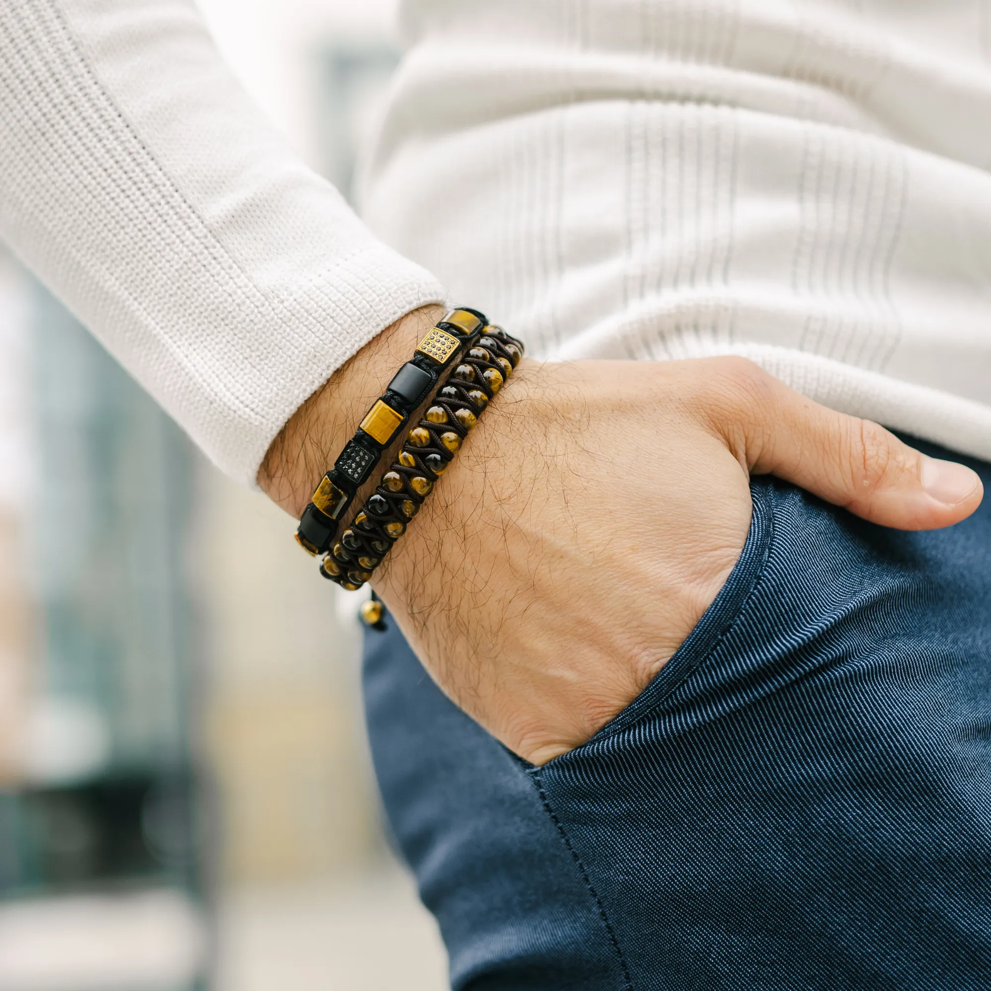 Men's TIGER EYE Double Bead Bracelet