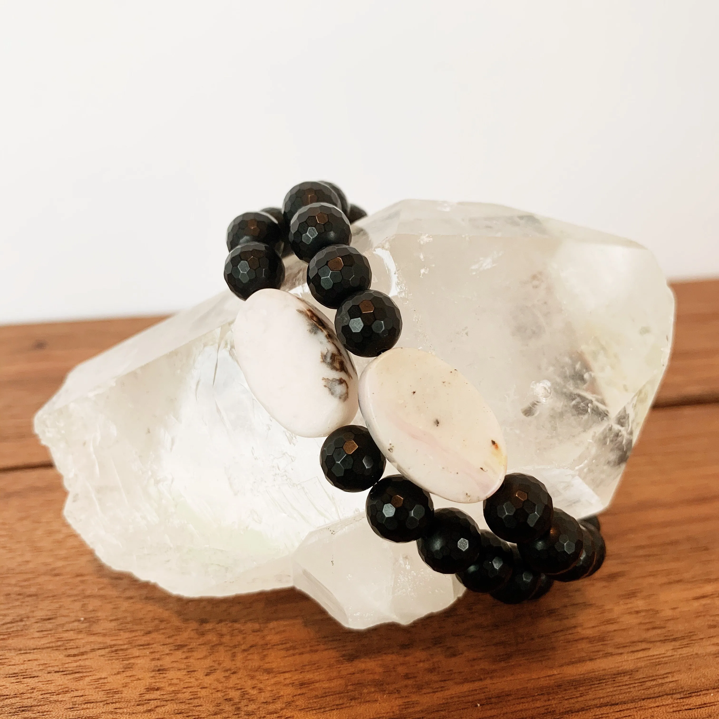 Onyx and White Dendritic Agate Crystal Bracelet