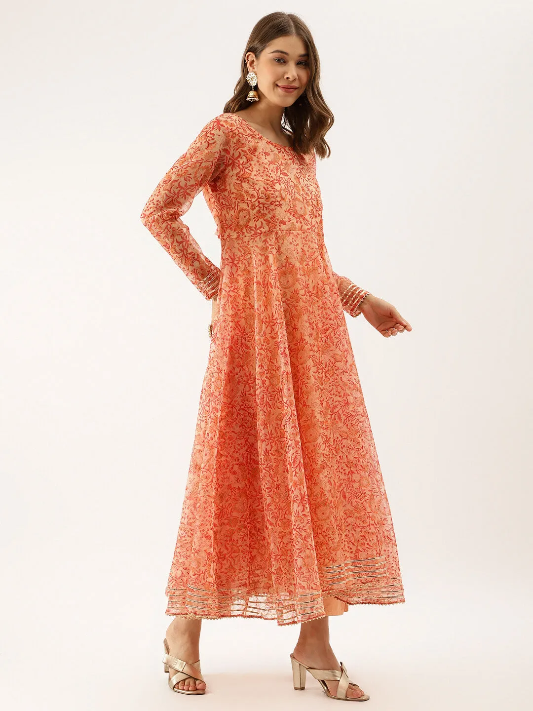 Orange Floral Print Organza Anarkali Kurta set with Dupatta