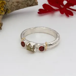 Raw Diamond and Garnet Earth Ring , Rustic Engagement Ring