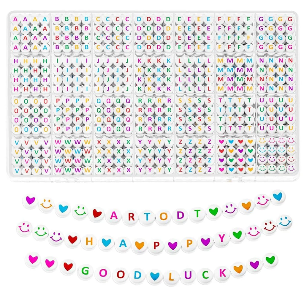 SANNIDHI 1400Pcs Alphabet Beads For Bracelets,28 Styles A-Z Letter Beads For Jewellery Making Kit,Colorful Acrylic Smiley Face Heart Bead For Friendship Bracelet Making Diy Craft,Multicolour