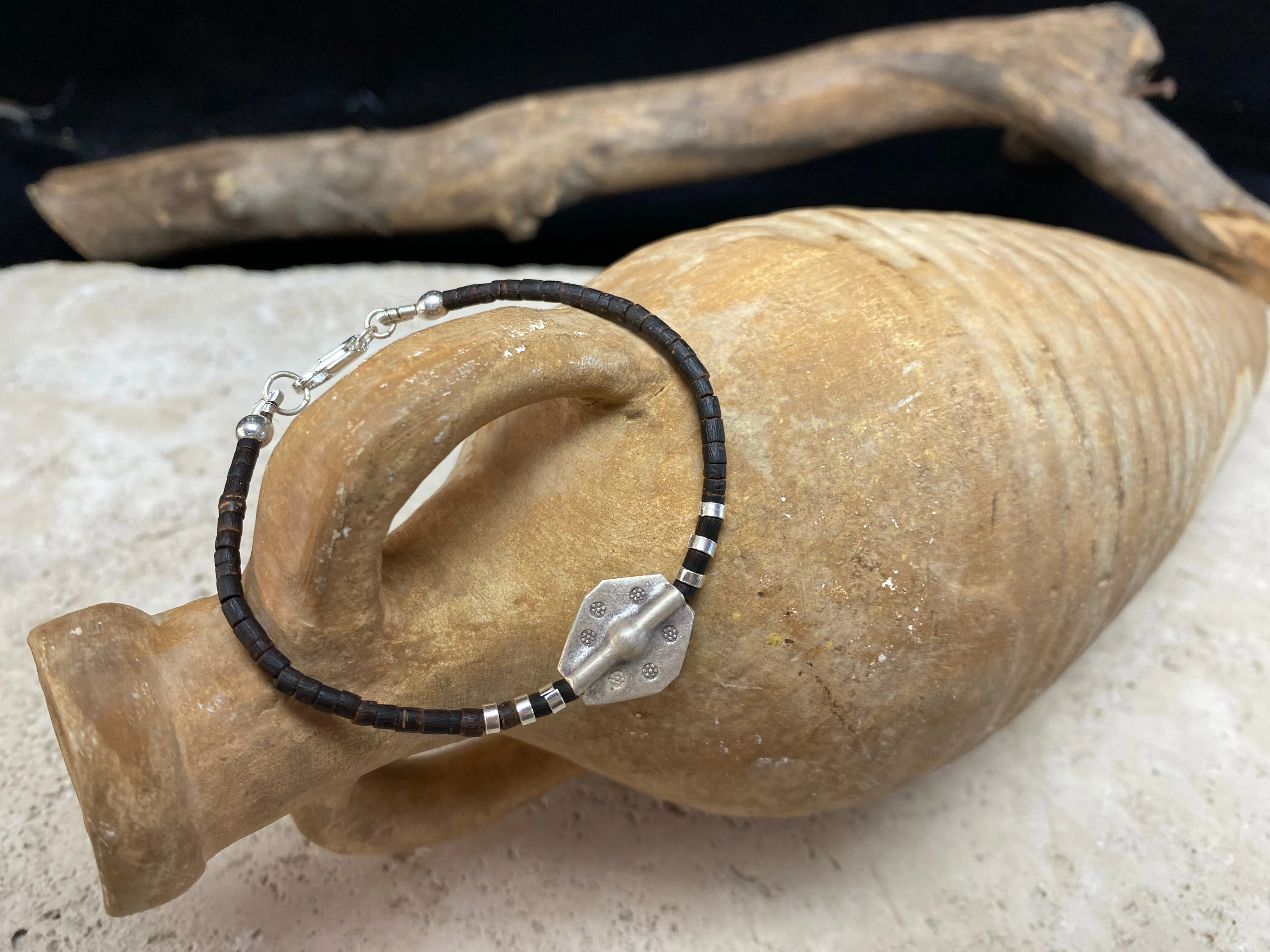 Silver and Coconut Wood Bracelet - Geometric Bead