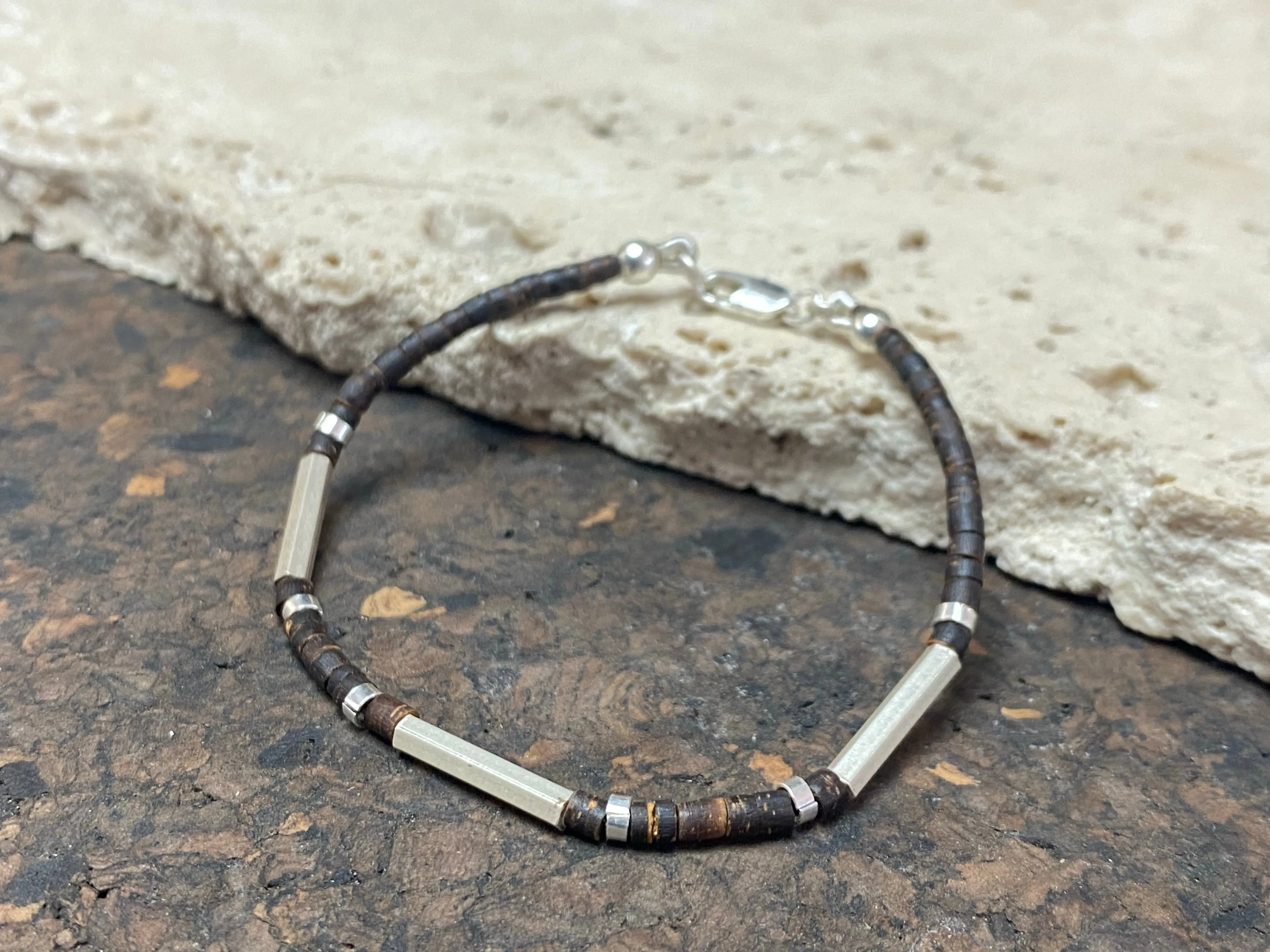 Silver and Coconut Wood Bracelet - Long Bead