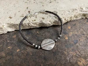 Silver and Coconut Wood Bracelet - Oval Bead With Crosshatching Decoration