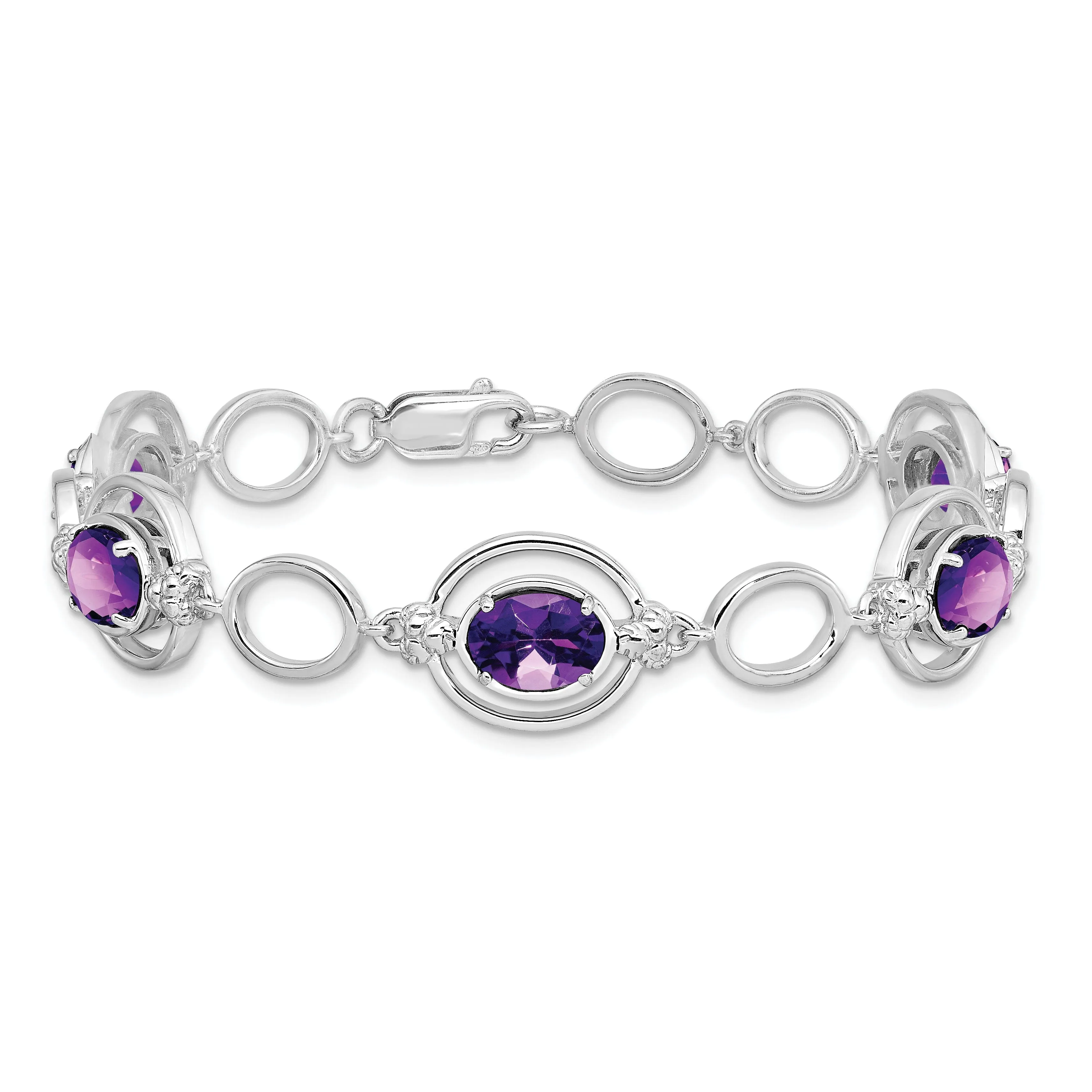 Silver Genuine Amethyst Gemstone Link Bracelet