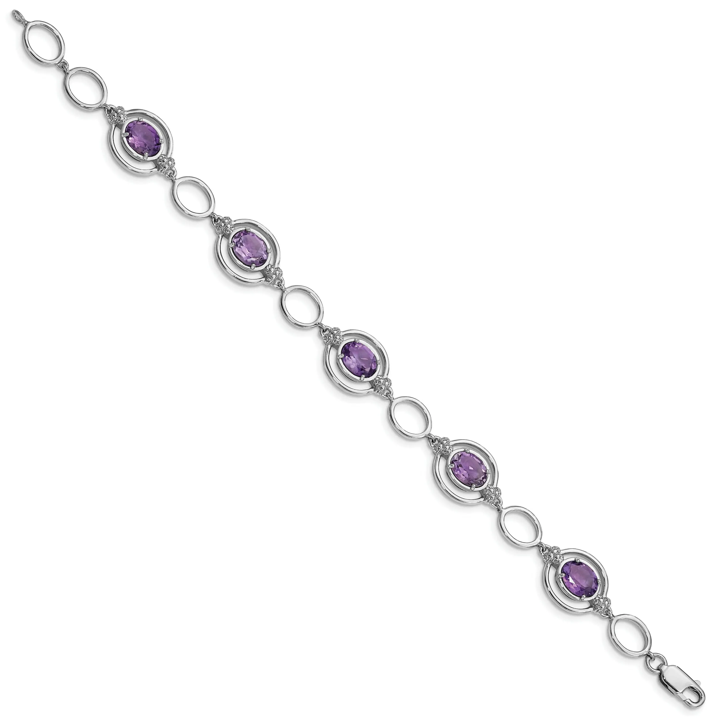 Silver Genuine Amethyst Gemstone Link Bracelet