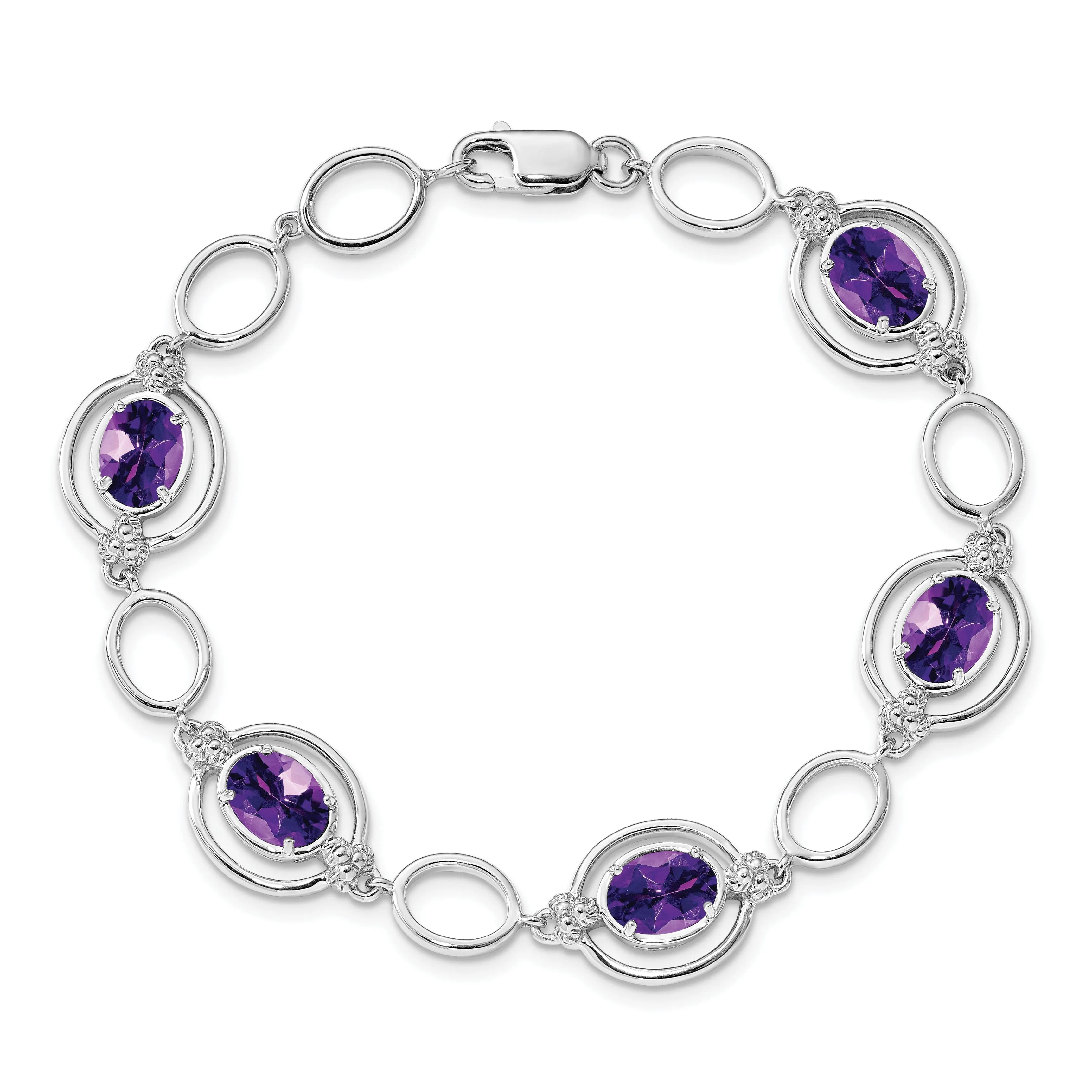 Silver Genuine Amethyst Gemstone Link Bracelet