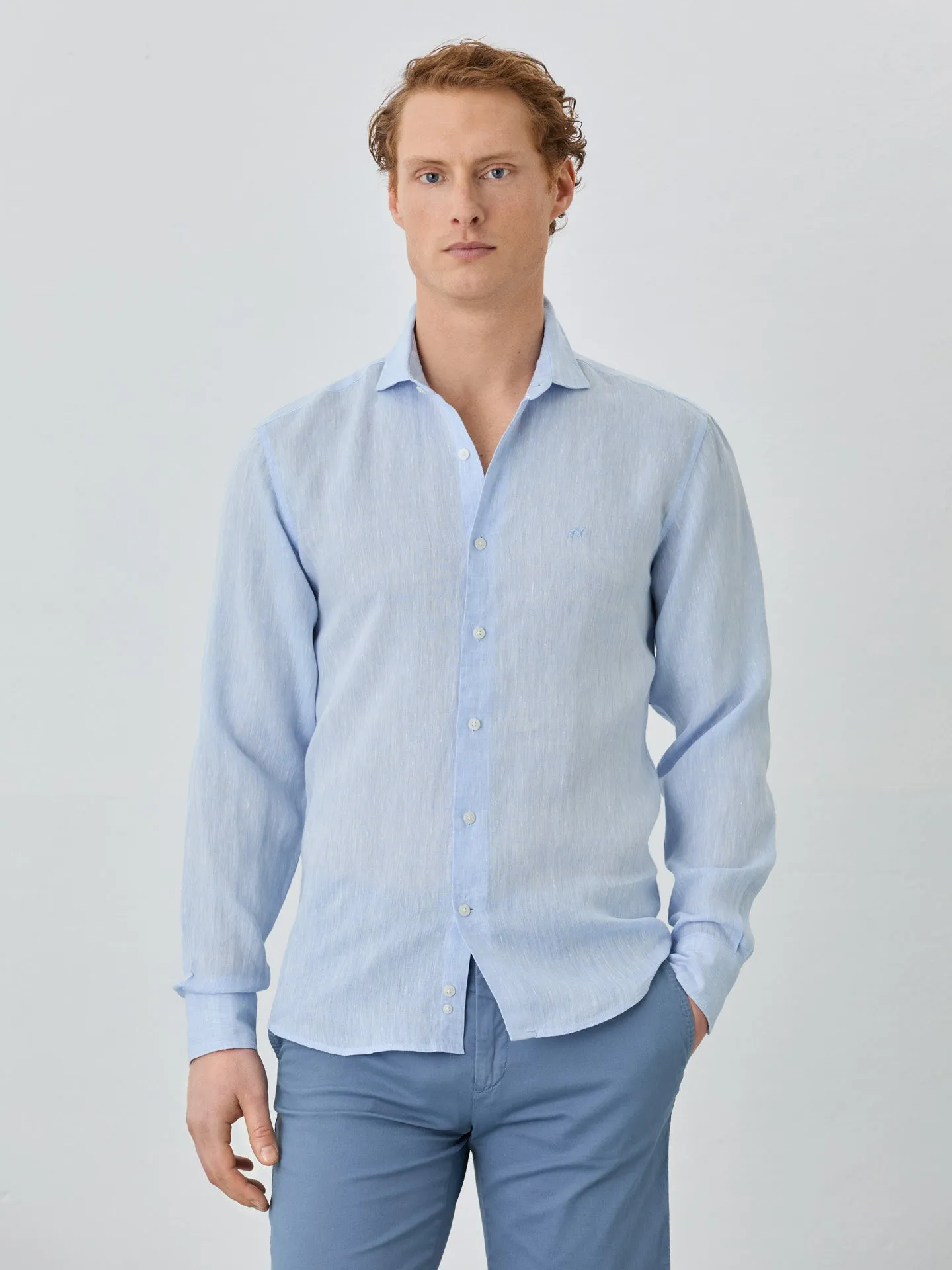 Slim Fit Shirt With Open Collar In Linen