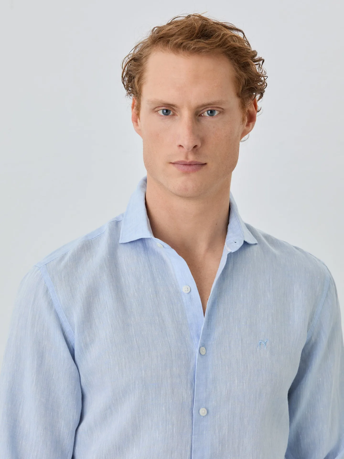 Slim Fit Shirt With Open Collar In Linen