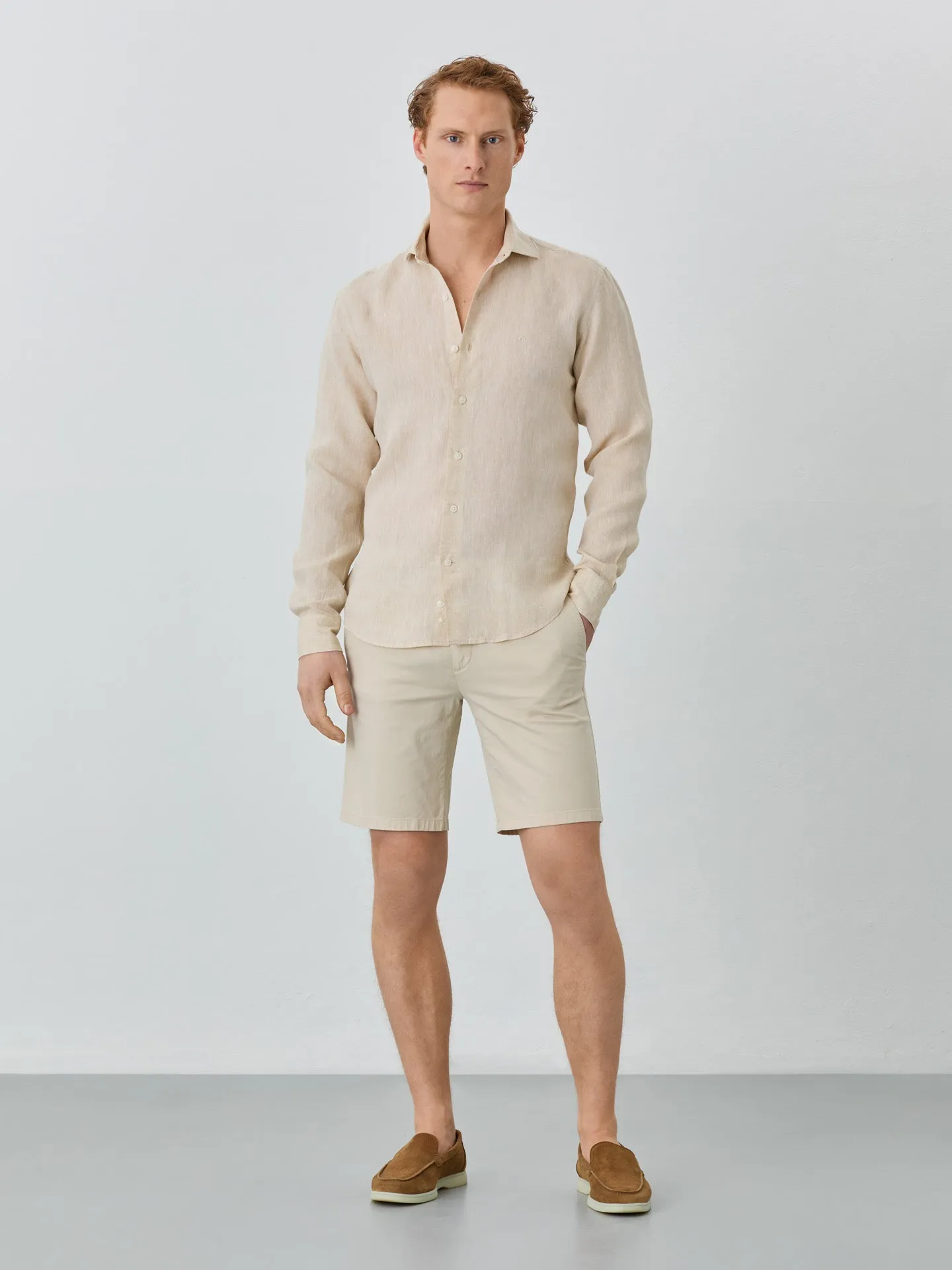 Slim Fit Shirt With Open Collar In Linen