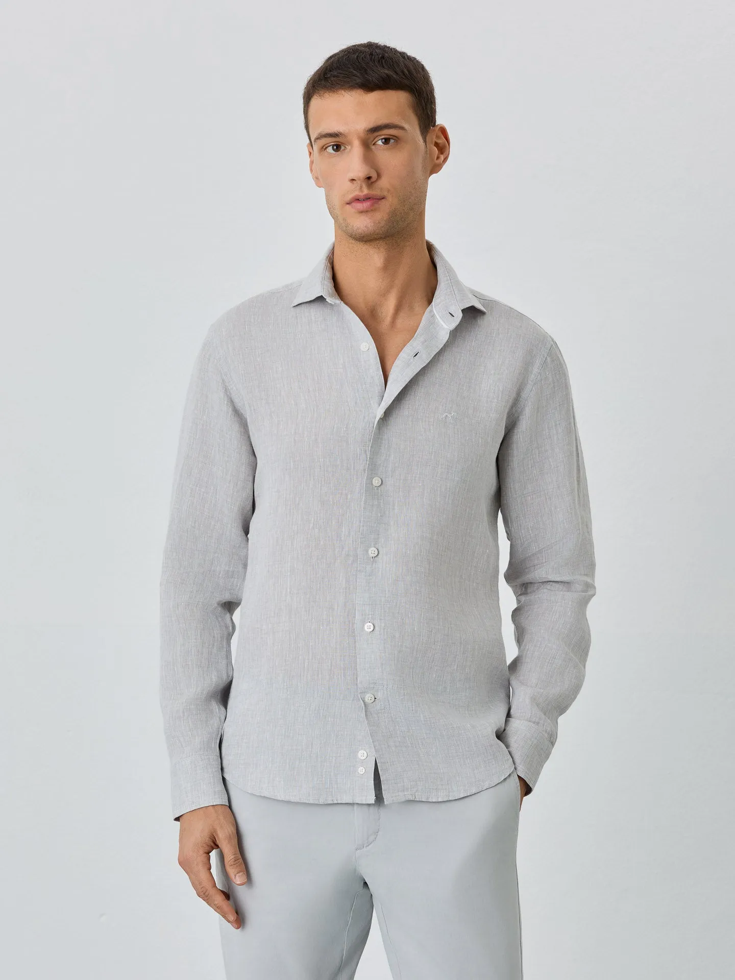 Slim Fit Shirt With Open Collar In Linen