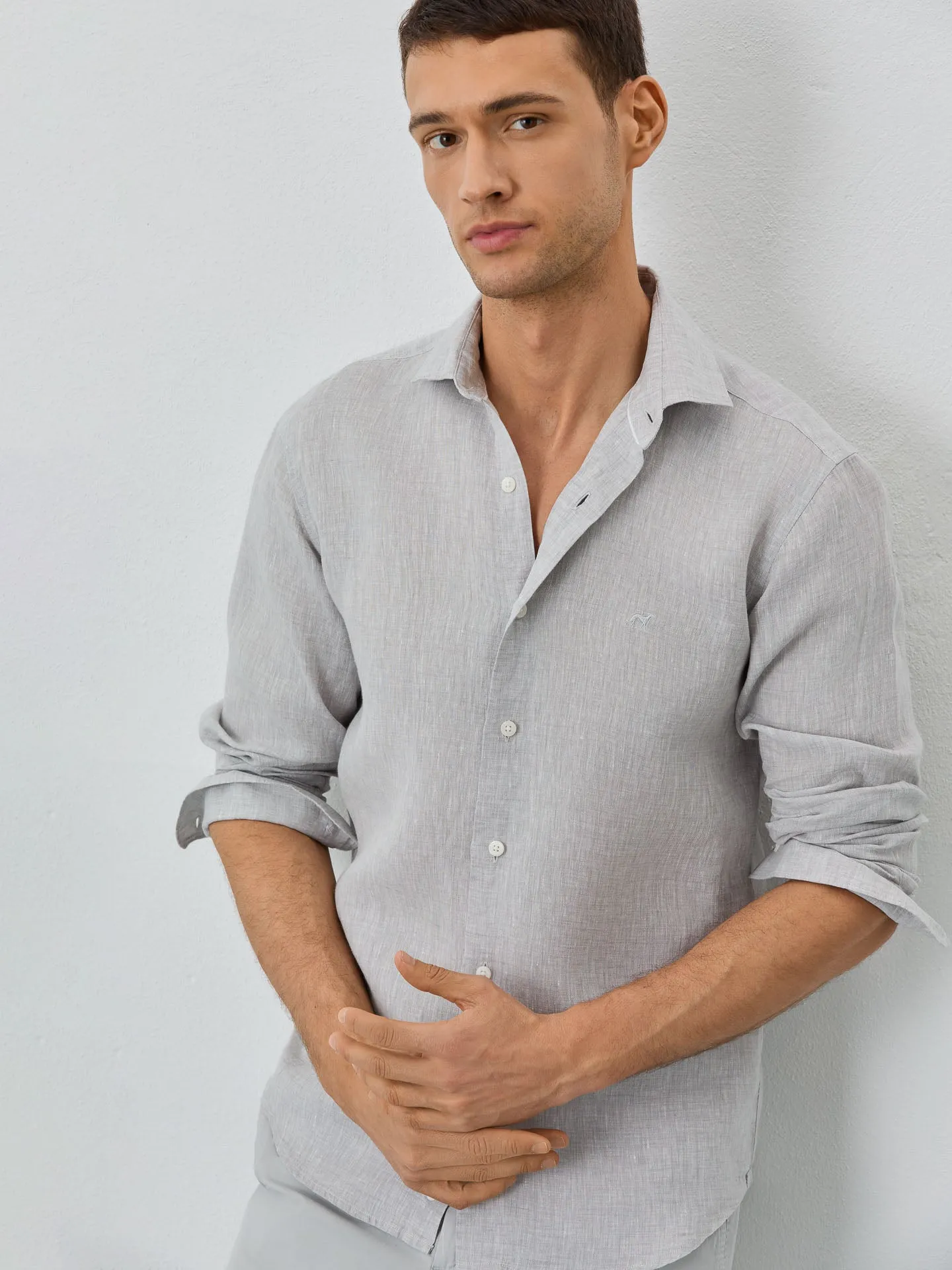 Slim Fit Shirt With Open Collar In Linen