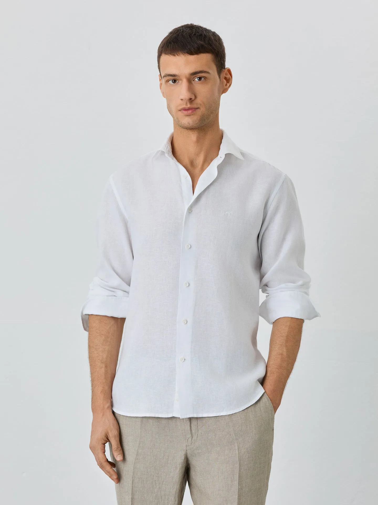 Slim Fit Shirt With Open Collar In Linen