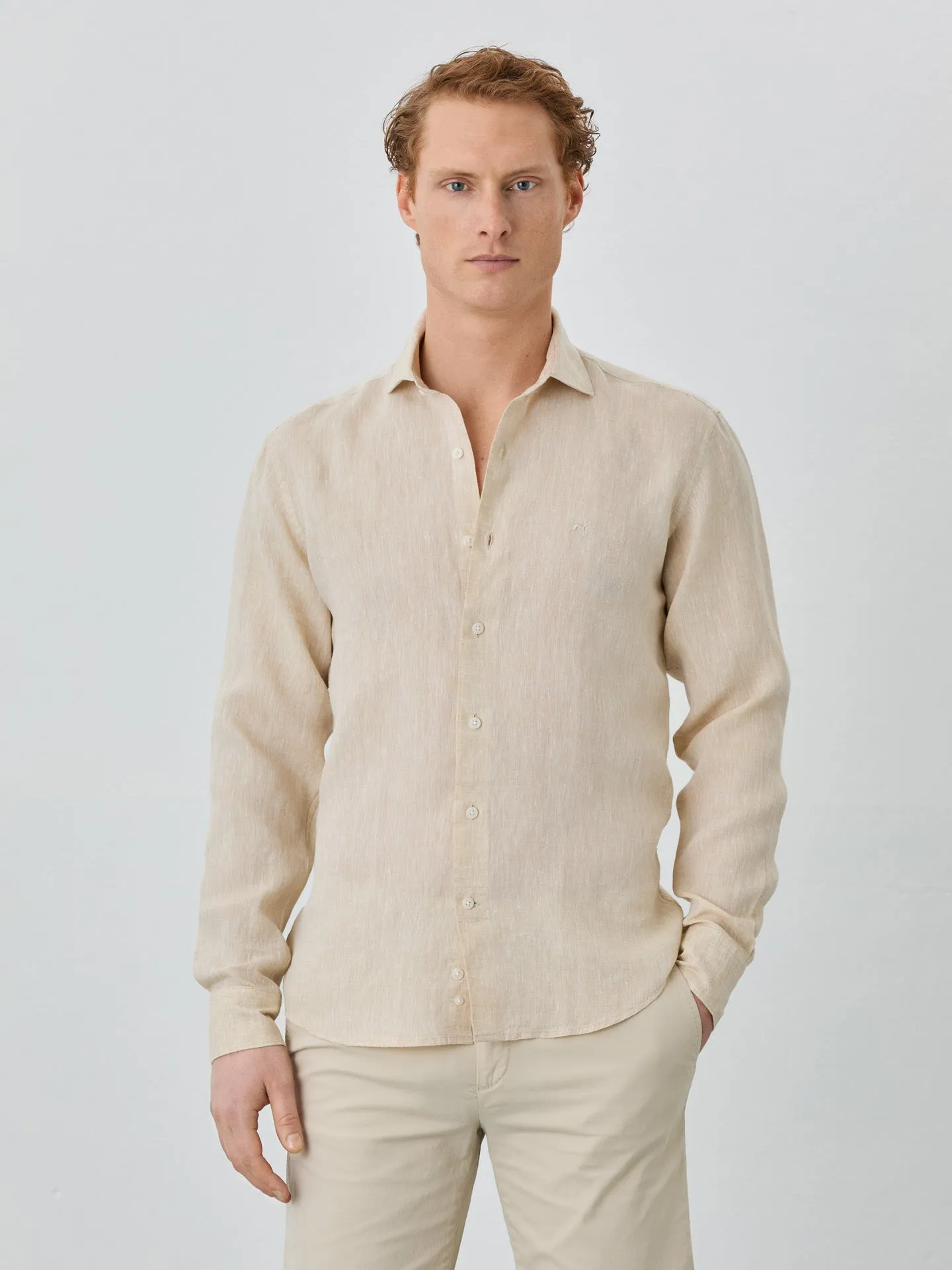 Slim Fit Shirt With Open Collar In Linen