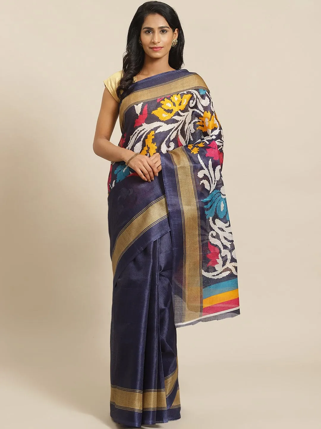 SVB Saree Blue Flower Khadi Printed Saree