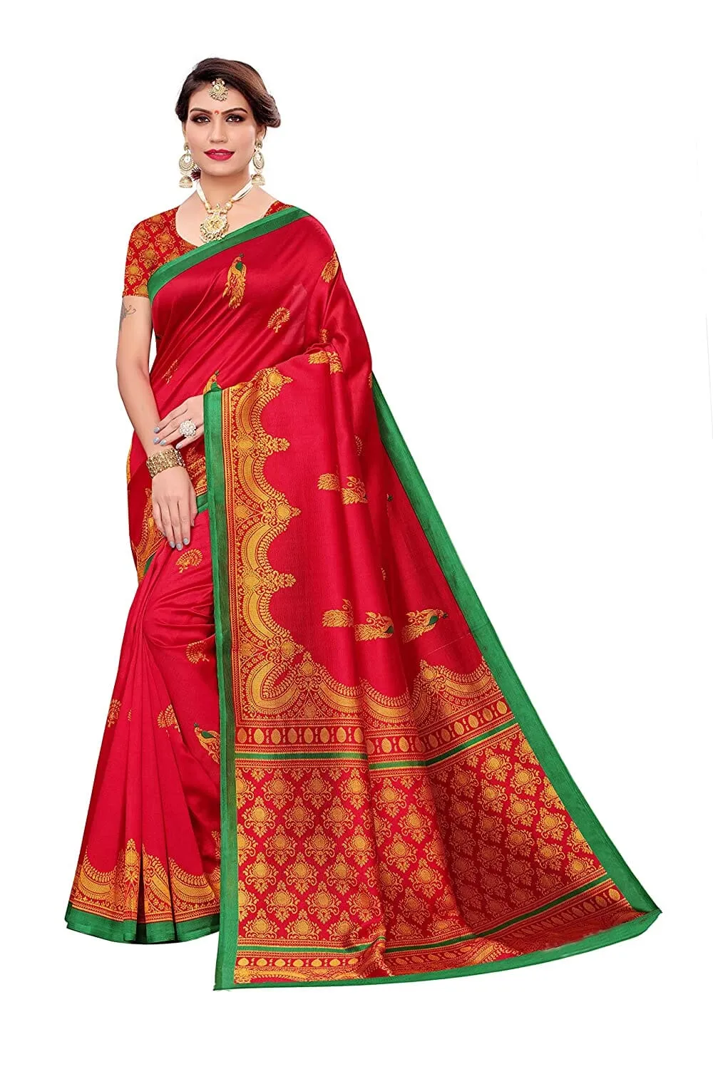 SVB Saree Red Art Silk Kalamkari Saree