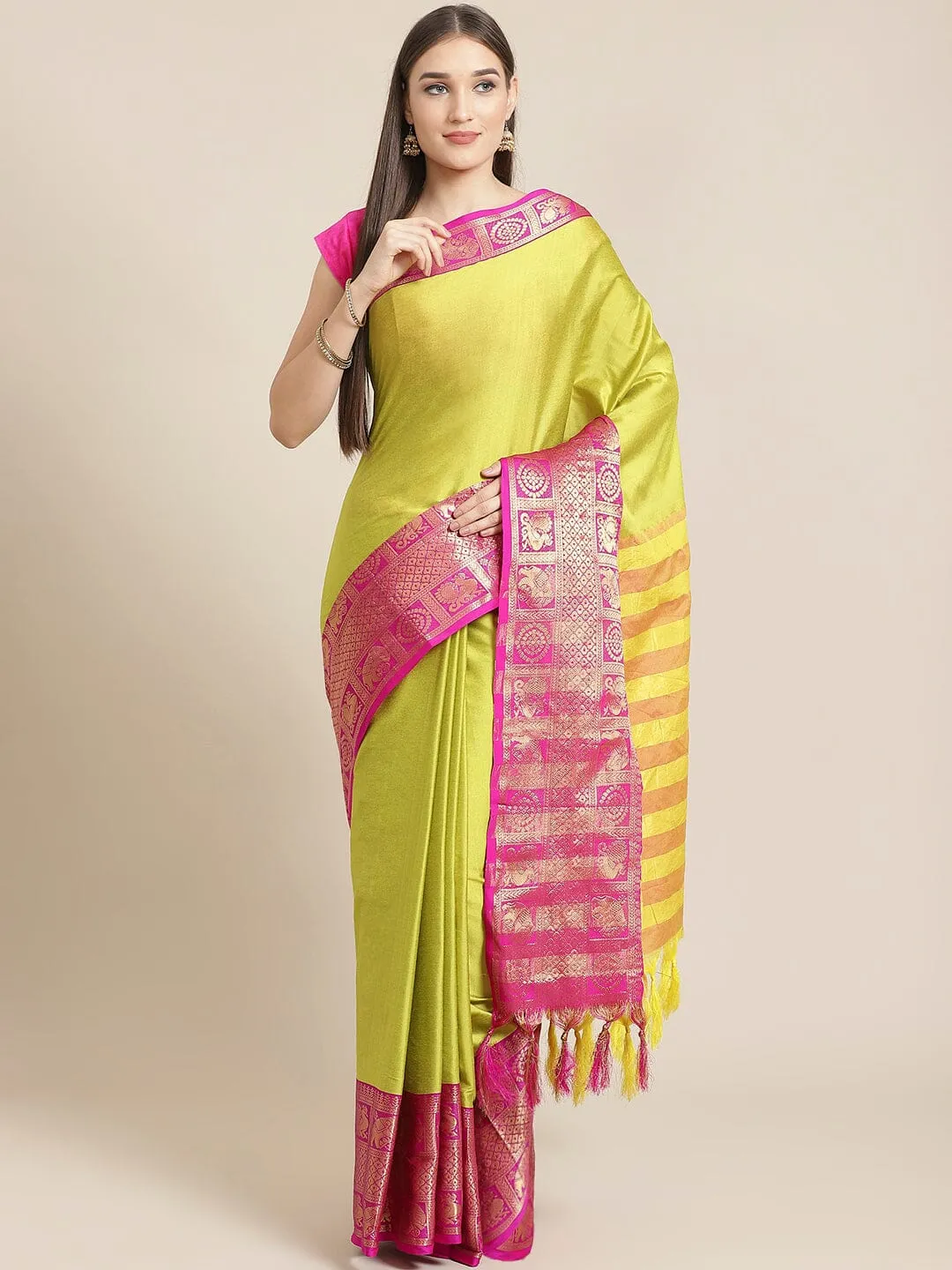 SVB Saree Yellow  And Pink Cotton Saree