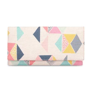 THE CLOWNFISH Charisma Collection Printed Handicraft Fabric & Faux Leather Womens Wallet Clutch Ladies Purse with Multiple Card Slots (Multicolour-Geometric Design)