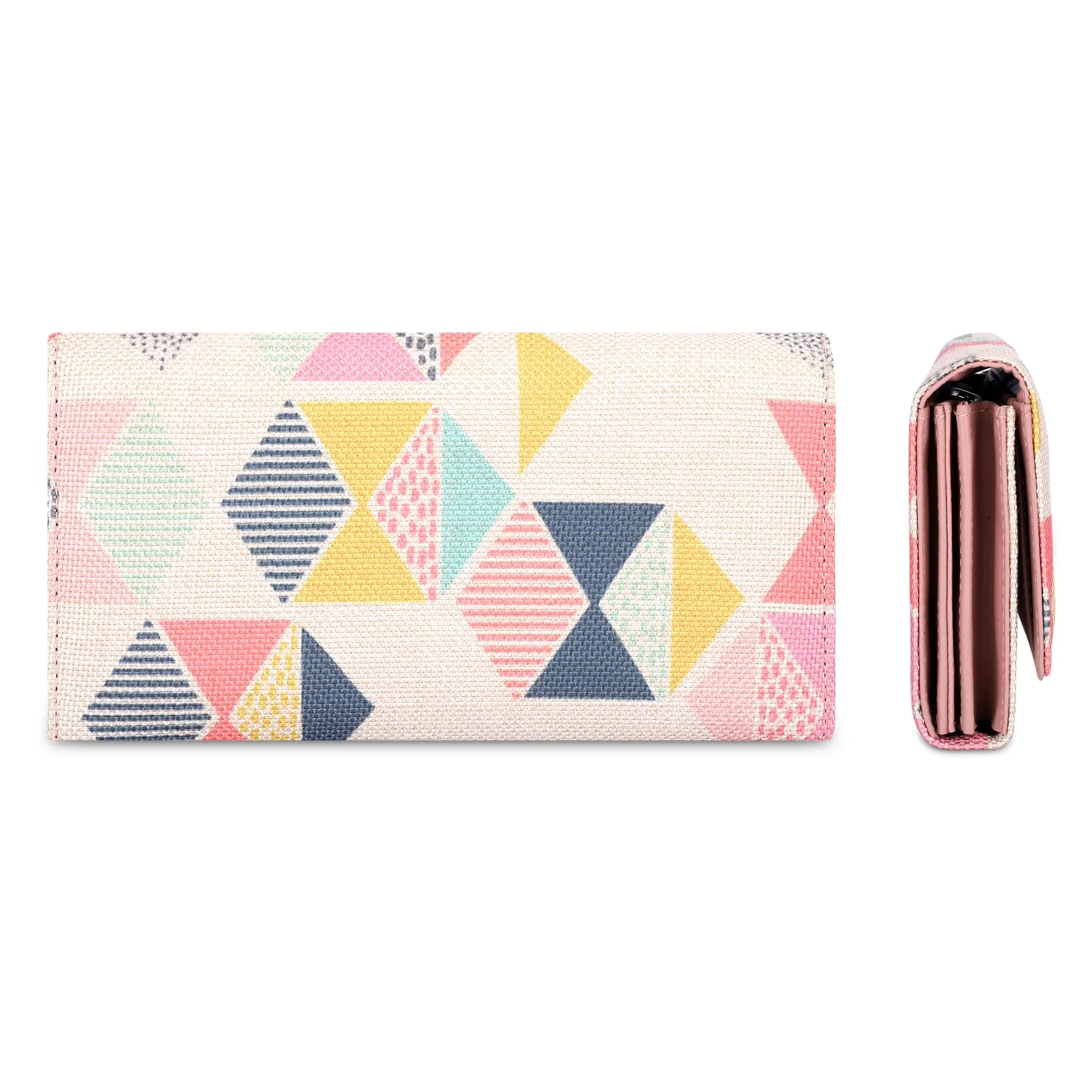 THE CLOWNFISH Charisma Collection Printed Handicraft Fabric & Faux Leather Womens Wallet Clutch Ladies Purse with Multiple Card Slots (Multicolour-Geometric Design)