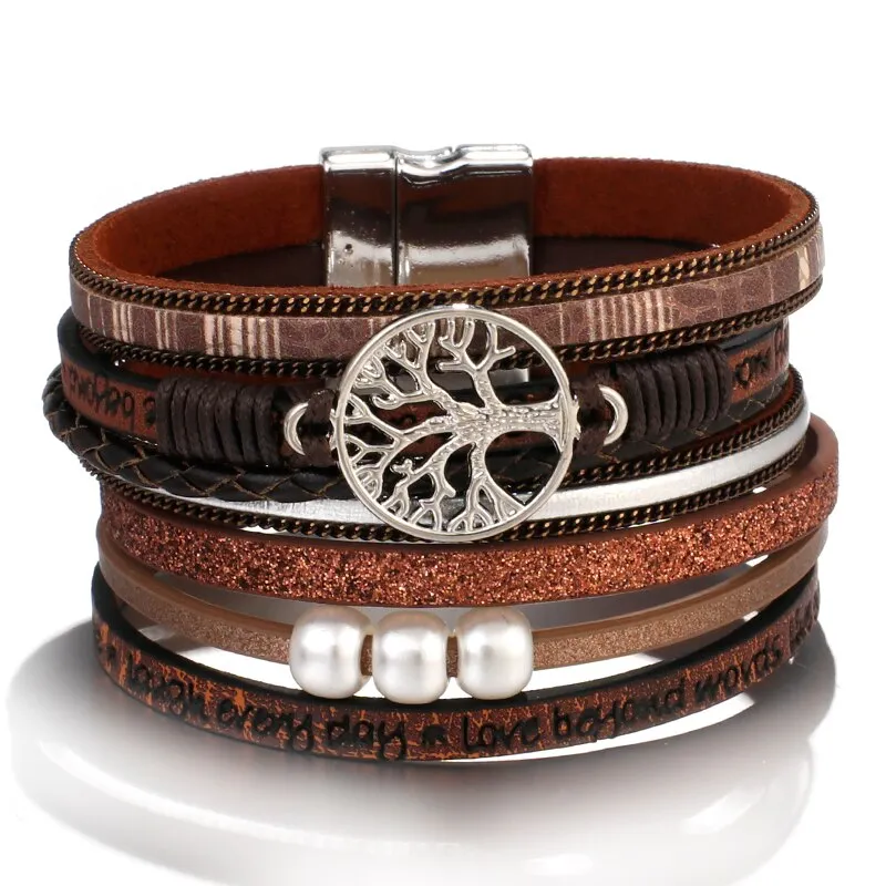 Tree of Life Charm Pearl Leather Bracelets