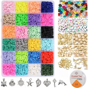 Venzina 4500Pcs  Clay Beads For Jewellery Making Kit 24-Color Clay Beads Bracelet Kit, Colorful Polymer Flat Beads Spacer Alphabet Beads With Charms Strings Diy Craft Gift For Kids Girls Women,Beige