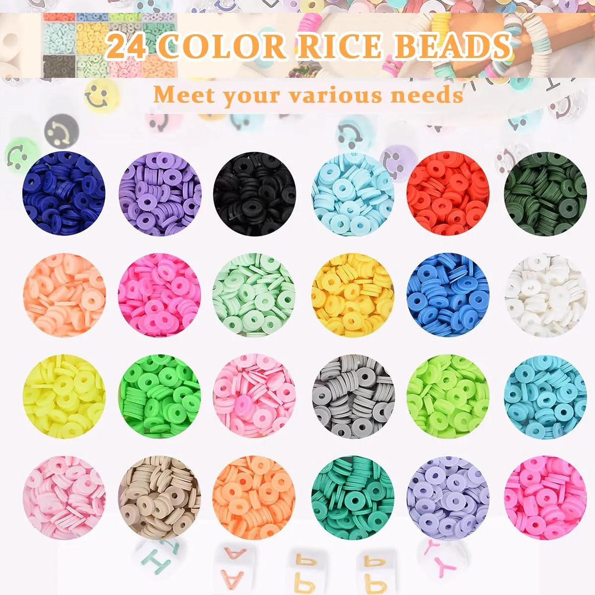 Venzina 4500Pcs  Clay Beads For Jewellery Making Kit 24-Color Clay Beads Bracelet Kit, Colorful Polymer Flat Beads Spacer Alphabet Beads With Charms Strings Diy Craft Gift For Kids Girls Women,Beige