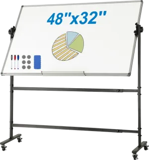 Vevor Whiteboard 48" x 32" Double-Sided Reversible Magnetic Dry Erase Board with Wheels New