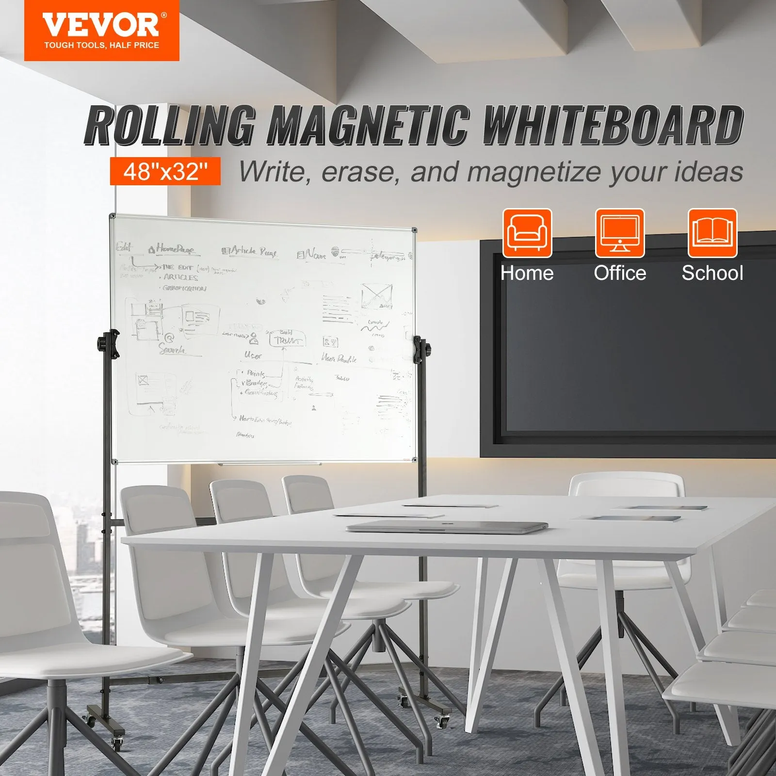 Vevor Whiteboard 48" x 32" Double-Sided Reversible Magnetic Dry Erase Board with Wheels New